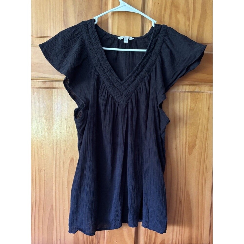 Lucky Brand Short Flutter Sleeve V Neck Lightweight Black Top Size Medium